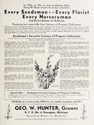 Cover for For 1935, our 18th year growing gladiolus bulbs, Geo. W. Hunter presents this modern trade list for every seedsman, every florist, every nurseryman