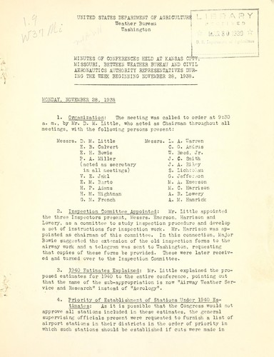 Cover for Minutes of conferences held at Kansas City, Mo., between Weather Bureau and civil aeronautics authority representatives during the week beginning Nov. 28, 1938