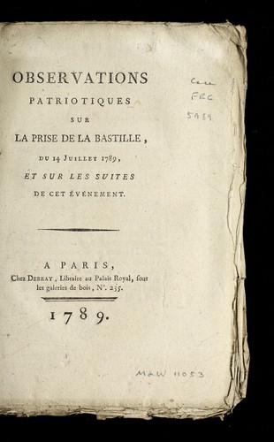Cover for Observations patriotiques sur la prise de la Bastille, du 14 juillet 1789
