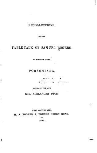 Cover for Recollections of the Table-talk of Samuel Rogers: To which is Added Porsoniana