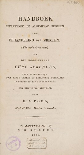 Cover for Handboek bevattende de algemeene regelen ter behandeling der ziekten (therapia generalis) ...