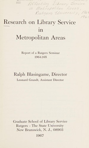 Cover for Research on library service in metropolitan areas