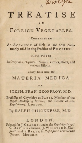Cover for A treatise on foreign vegetables. Containing ... such as are now commonly used in the practice of physick ...