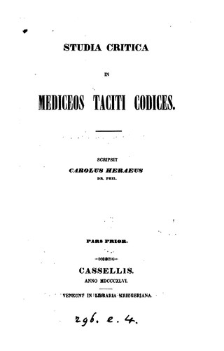 Cover for Studia critica in Mediceos Taciti codices