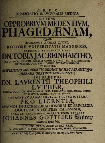 Cover for Dissertatio inauguralis medica sistens opprobrium medentium phagedaenam