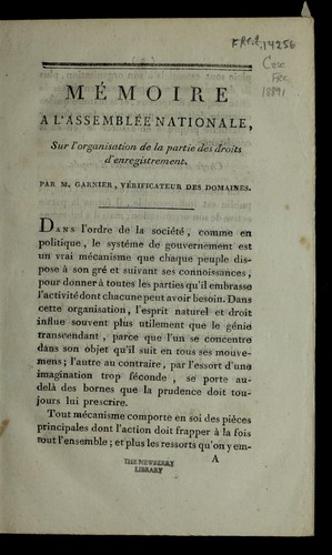 Cover for Me moire a   l'Assemble e nationale, sur l'organisation de la partie des droits d'enregistrement