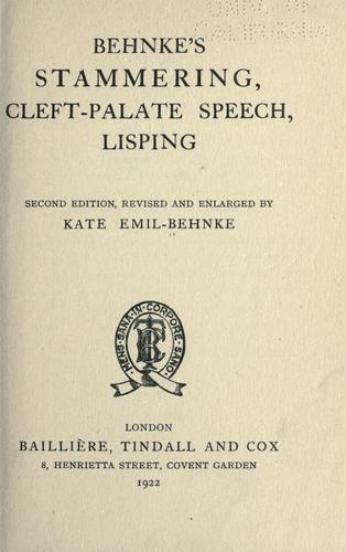 Cover for Behnke's stammering, cleft-palate speech, lisping