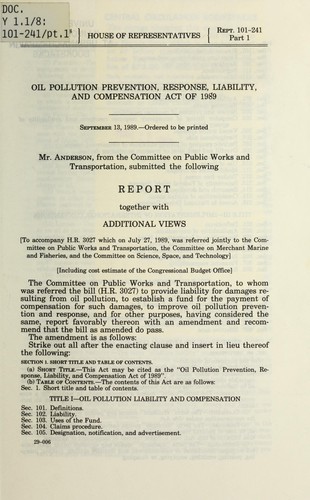 Cover for Oil Pollution Prevention, Response, Liability, and Compensation Act of 1989