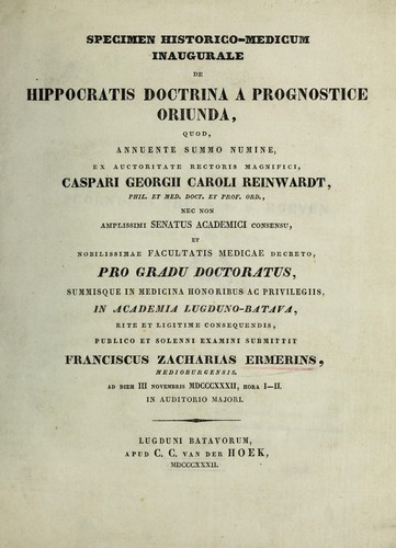 Cover for Specimen historico-medicum inaugurale de Hippocratis doctrina a prognostice oriunda ...