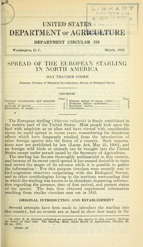 Cover for Spread of the European starling in North America