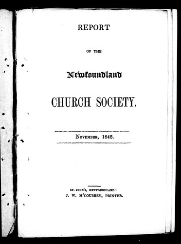 Cover for Report of the Newfoundland Church Society, November, 1848