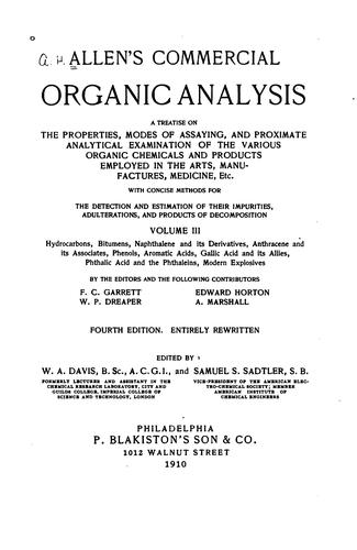 Cover for Allen's Commercial Organic Analysis: A Treatise on the Properties, Modes of ...