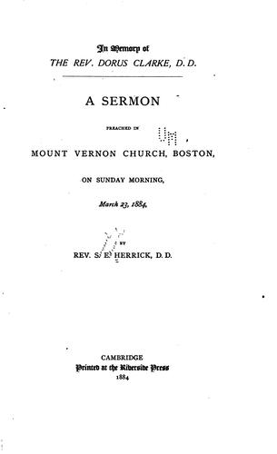 Cover for In Memory of the Rev. Dorus Clarke, D.D.: A Sermon Preached in Mount Vernon ...