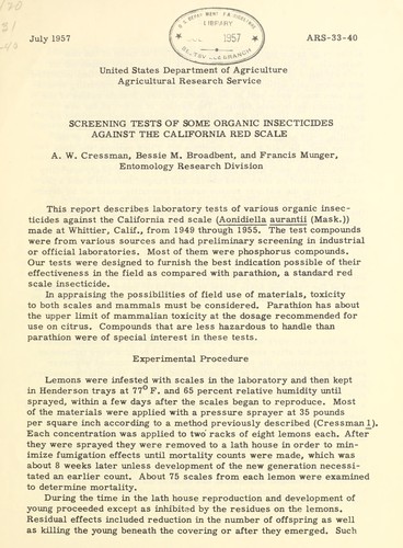 Cover for Screening tests of some organic insecticides against the California red scale