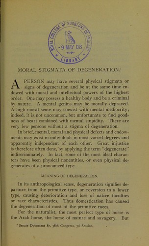 Cover for Moral stigmata of degeneration