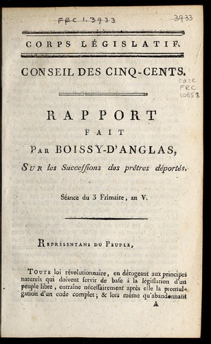 Cover for Rapport fait par Boissy-d'Anglas, sur les successions des prêtres déportés