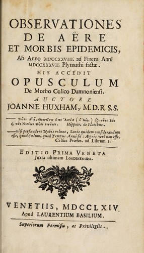 Cover for Observationes de aëre et morbis epidemicis, ab anno 1728 ad finem anni 1737, Plymuthi factae. His accedit opusculum de morbo colico Damnoniensi ...