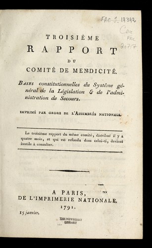 Cover for Troisie  me rapport du Comite  de mendicite