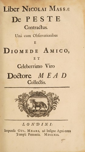 Cover for Liber Nicolai Massæ de peste contractus. Unà cum observationibus e Diomede Amico, et celeberrimo viro Doctore Mead collectis [by N. Smith]