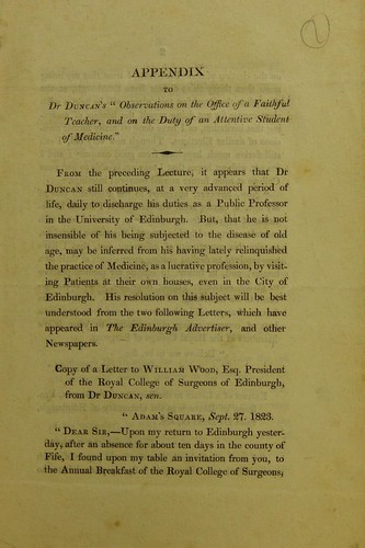 Cover for Appendix to Dr. Duncan's "Observations on the office of a faithful teacher, and on the duty of an attentive student of medicine."