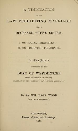 Cover for A vindication of the law prohibiting marriage with a deceased wife's sister