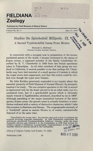 Cover for Studies on Spiroboloid millipeds. IX. a second Typhlobolellid genus from Mexico