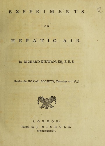 Cover for Experiments on hepatic air ...