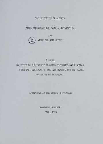 Cover for Field dependence and familial retardation