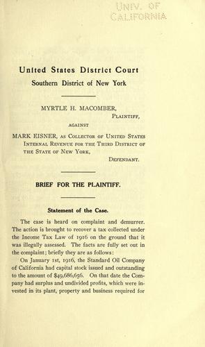 Cover for Myrtle H. Macomber, plaintiff, against Mark Eisner, collector, etc., defendant.