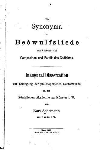 Cover for Die Synonyma im Beowulfsliede mit Rücksicht auf Composition und Poetik des ...