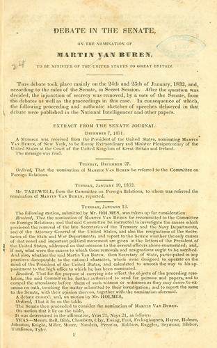Cover for Debate in the Senate, on the nomination of Martin Van Buren, to be Minister of the United States to Great Britain.