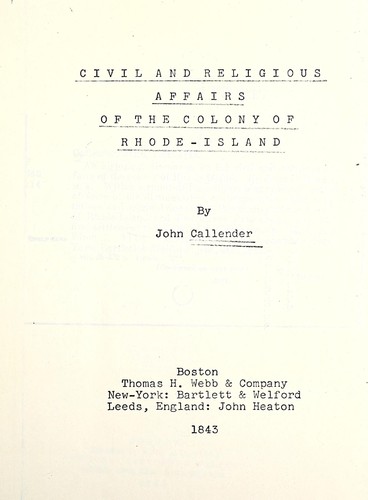 Cover for An historical discourse, on the civil and religious affairs of the colony of Rhode-Island