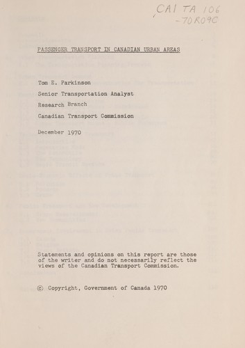 Cover for PASSENGER TRANSPORT IN CANADIAN URBAN AREAS
