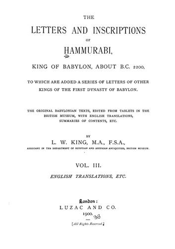 Cover for The Letters and Inscriptions of Hammurabi, King of Babylon, about B.C. 2200, to which are added a Series of Letters of other Kings of the First Dynasty of Babylon
