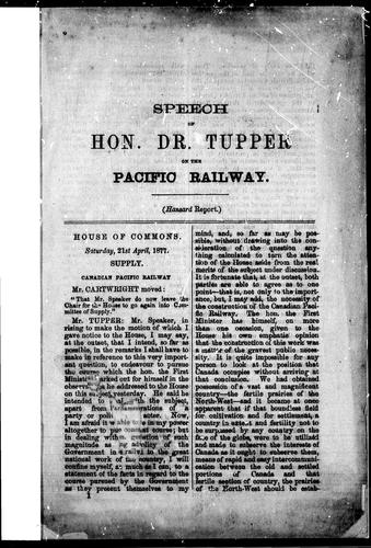 Cover for Speech of Hon. Dr. Tupper on the Pacific Railway