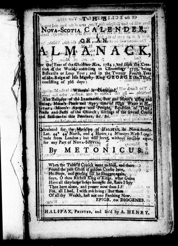 Cover for The Nova-Scotia calender, or, An almanack, for the year of the Christian æra, 1784