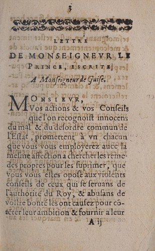 Cover for Lettre de Monseigneur le prince escrite a Monseigneur de Guise