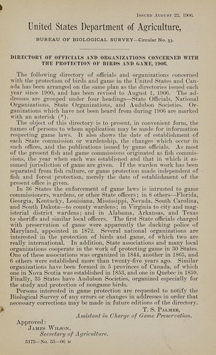 Cover for Directory of officials and organizations concerned with the protection of birds and game, 1906