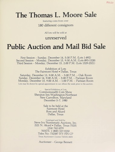 Cover for The Thomas L. Moore sale, featuring coins from over 180 different consignors ...