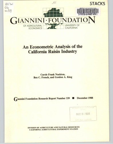 Cover for An econometric analysis of the California raisin industry