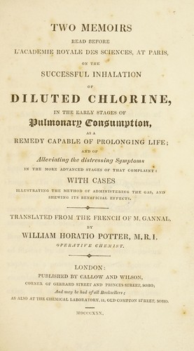 Cover for Two memoirs read before L'Academie Royale des Sciences, at Paris, on the successful inhalation of diluted chlorine, in the early stages of pulmonary consumption