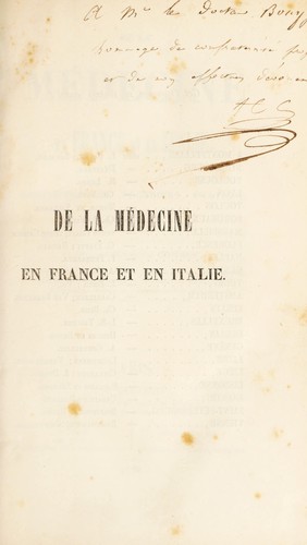 Cover for De la médecine en France et en Italie. Administration, doctrines, pratique