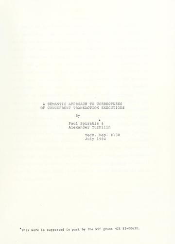 Cover for A semantic approach to correctness of concurrent transaction executions.