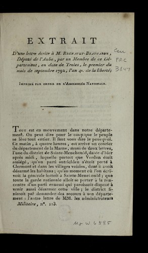Cover for Extrait d'une lettre e crite a   M. Regnault-Beaucaron, de pute  de l'Aube