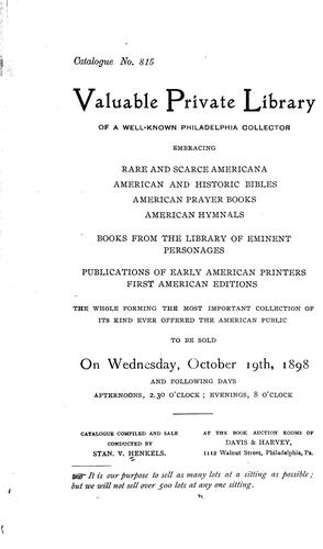 Cover for Valuable private library of a well-known Philadelphia collector