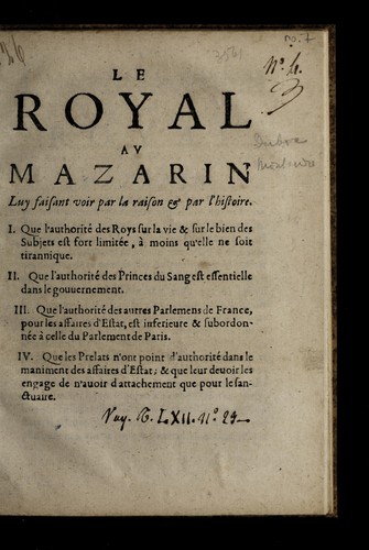 Cover for Le royal av Mazarin luy faisant voir par la raison & par l'histoire