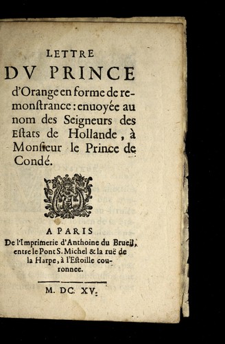 Cover for Lettre dv Prince d'Orange en forme de remonstrance