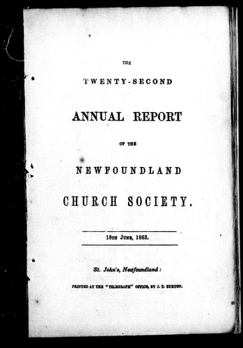 Cover for The twenty-second annual report of the Newfoundland Church Society, 18th June, 1863