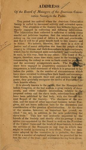 Cover for Address of the Board of managers of the American colonization society to the public.