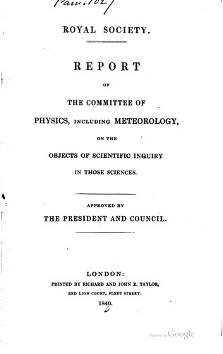 Cover for Report of the Committee of Physics and Meteorology of the Royal Society of ...